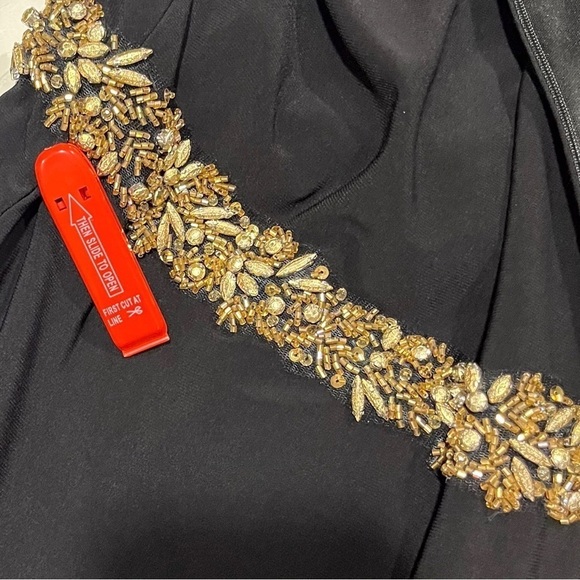 Mac Duggal Jersey V Neck Maxi Dress Gold Beaded Size 20 Leg Slit Formal - Picture 11 of 12